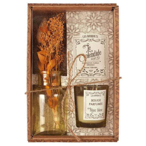 Coffret avec bougie parfumée, vase et fleurs séchées (jaune)