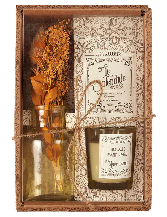 Coffret avec bougie parfumée, vase et fleurs séchées (jaune)