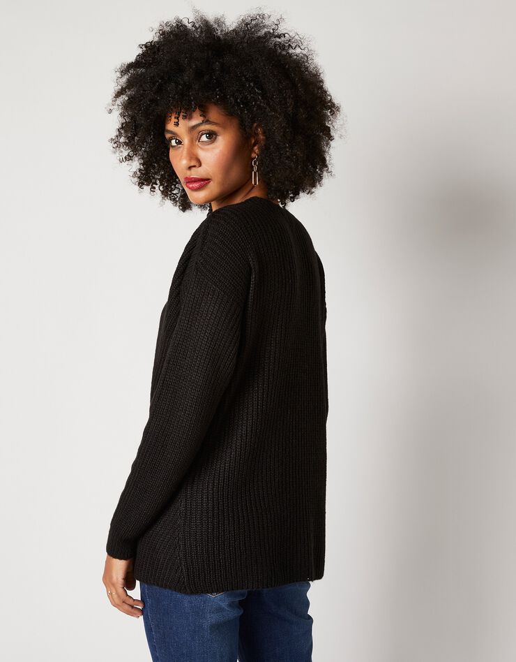 Pull col V, maille anglaise toucher mohair (noir)