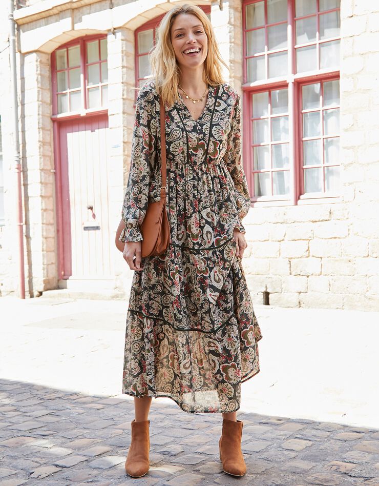 Robe longue volantée imprimée, crépon (kaki / rose) Robe longue volantée imprimée, crépon (kaki / rose)
