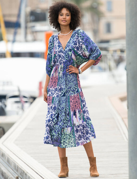 Robe longue imprim&eacute;e, cr&eacute;pon (indigo / parme)