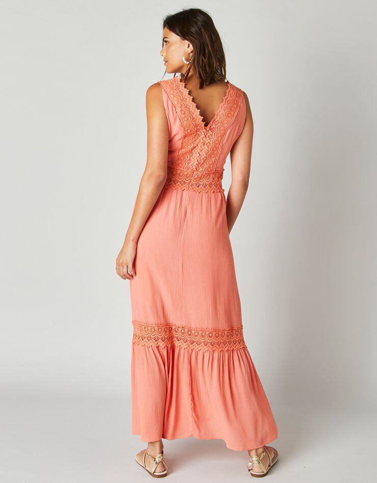 Robe longue volantée macramé (corail)