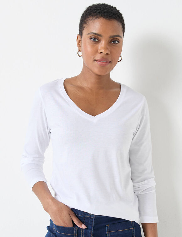 T-shirt col V manches longues (blanc)