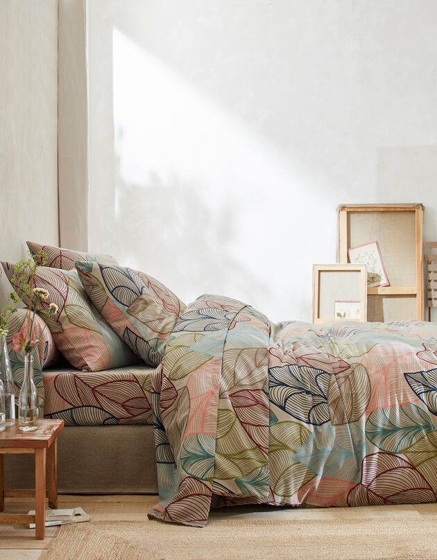 Linge de lit Elsa en polycoton à motifs feuilles (beige)