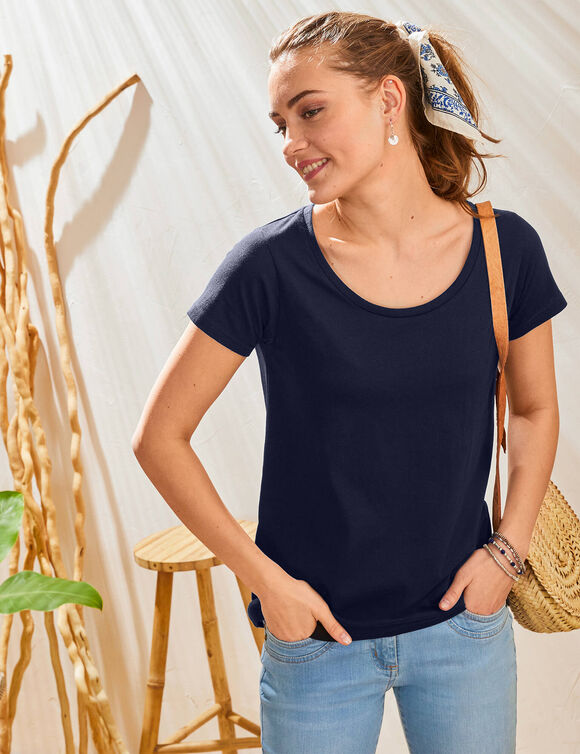 T-shirt col rond manches courtes uni coton (marine)