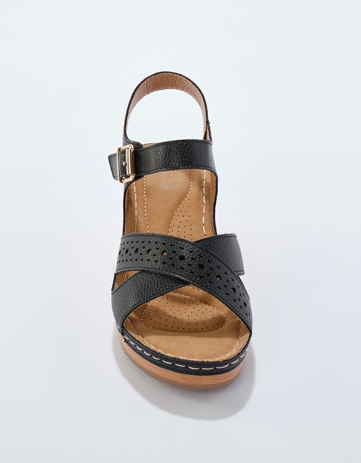 Sandales compensées ajourées semelle effet bois (noir)