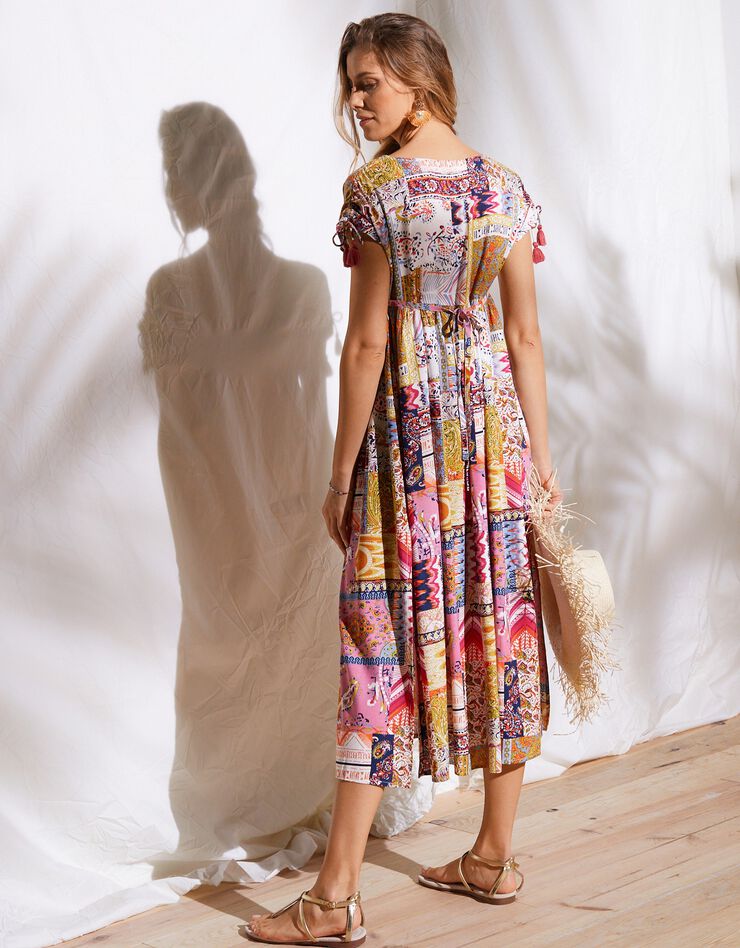 Robe mi-longue manches courtes imprimée (ocre / corail) Robe mi-longue manches courtes imprimée (ocre / corail)