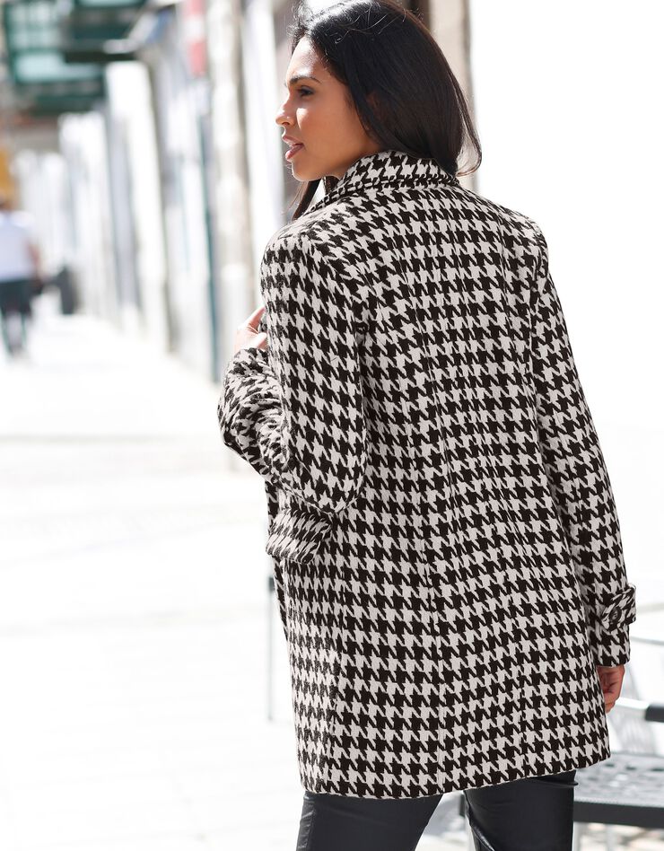 Manteau caban imprimé pied-de-poule drap de laine (noir / blanc)