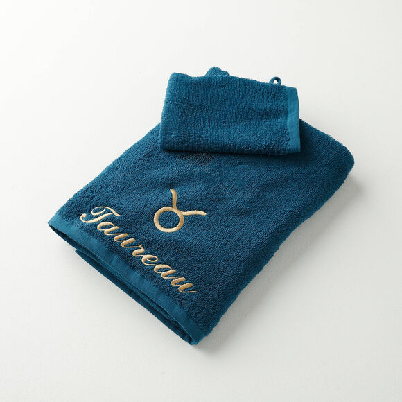 Serviettes de bain brodées Taureau - 420g/m2 (bleu paon)