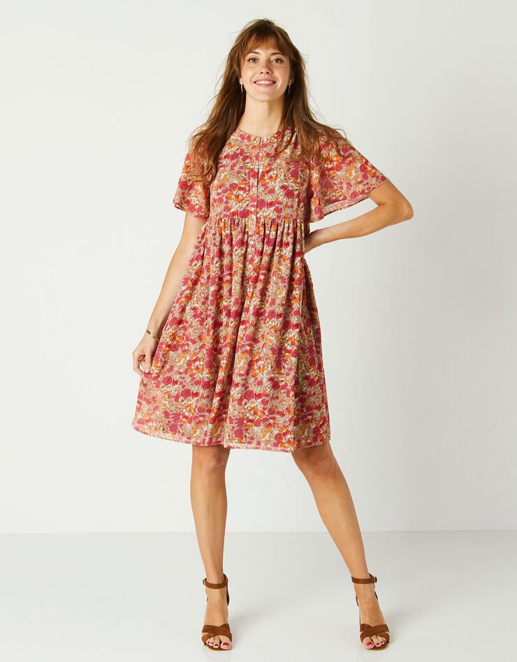 Robe évasée, voile imprimé (praline)