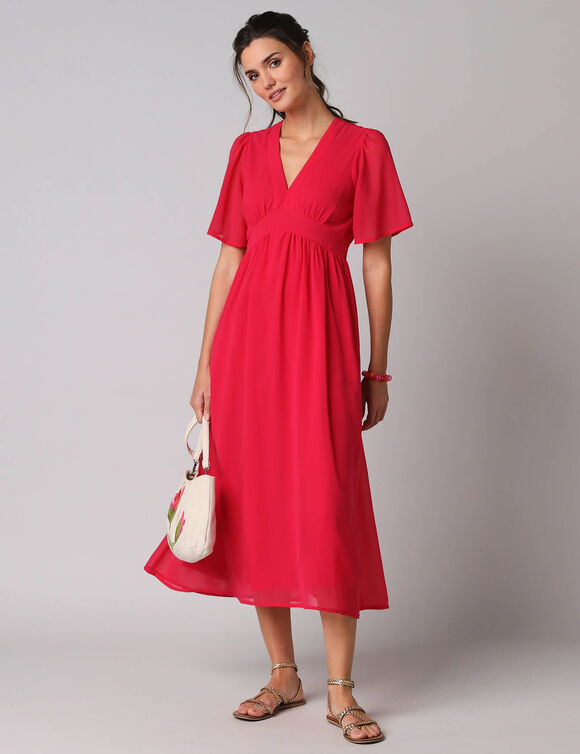 Robe longue volant&eacute;e unie, &agrave; manches courtes papillon (framboise)