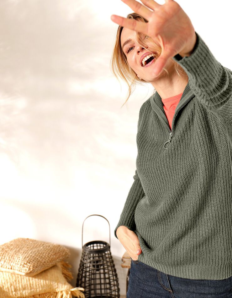 Pull col zippé maille anglaise toucher mohair (kaki) Pull col zippé maille anglaise toucher mohair (kaki)