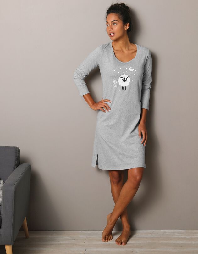 Chemise de nuit courte manches longues imprimé mouton (gris chiné)