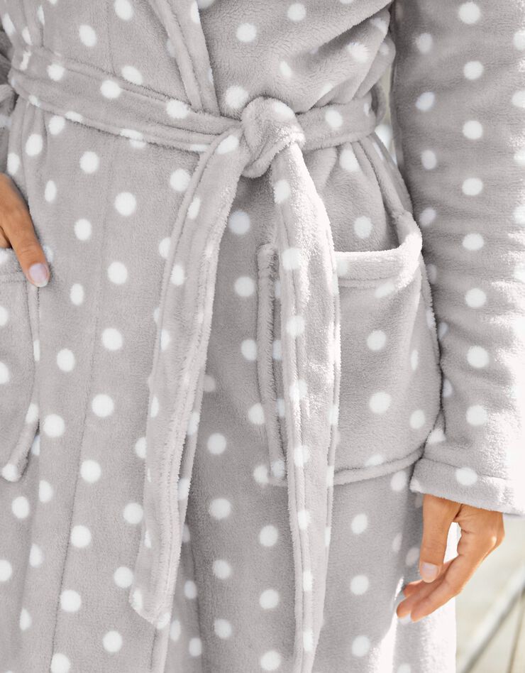 Peignoir polaire toucher peluche longueur 130 cm manches longues (gris imprimé pois) Peignoir polaire toucher peluche longueur 130 cm manches longues (gris imprimé pois)