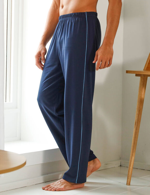 Pantalon pyjama uni coton piping contrasté (marine)