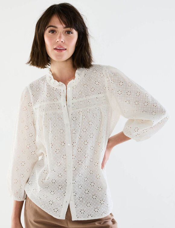 Chemisier broderie anglaise, smocks et col volanté (écru)