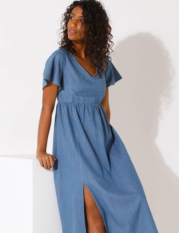 Robe longue manches papillons, jean (bleached)