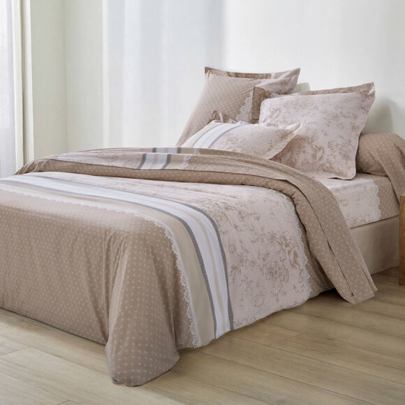 Linge de lit Gabrielle imprim&eacute; pois-fleurs-dentelle - coton 57 fils/cm&sup2; (sable)