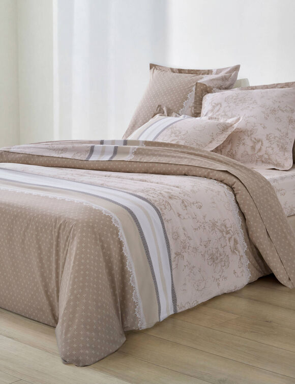 Linge de lit Gabrielle imprim&eacute; pois-fleurs-dentelle - coton 57 fils/cm&sup2; (sable)