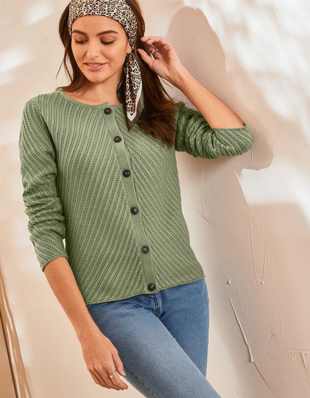 Gilet boutonné maille fantaisie (kaki)