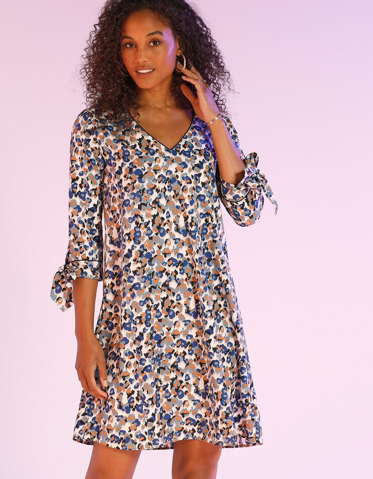 Robe évasée biais contrastés imprimée (écru / marine)