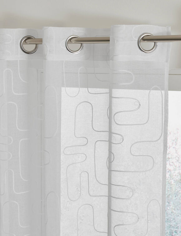 Voilage brod&eacute; motif graphique - finition oeillets (blanc)