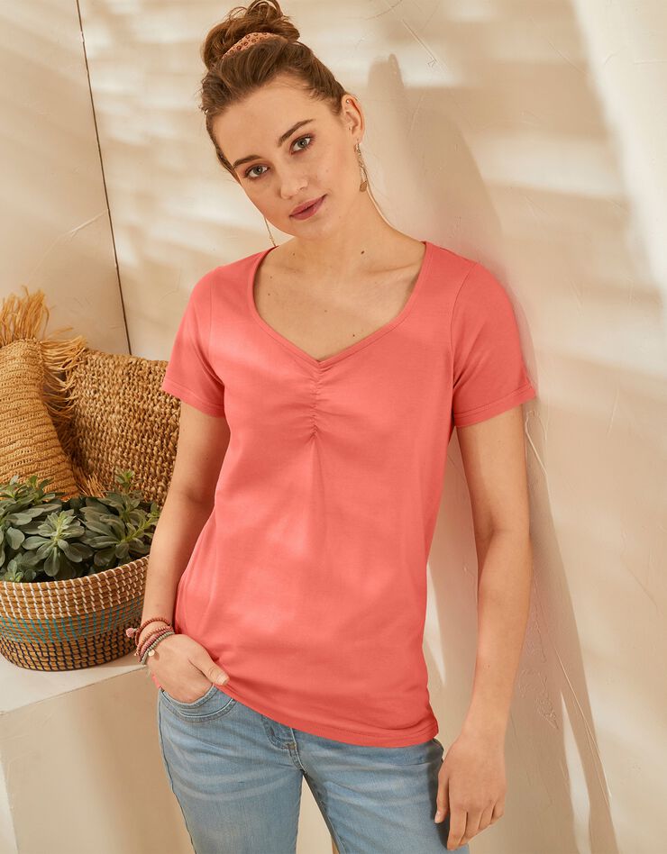 Tee-shirt col carré froncé uni coton bio (mandarine) Tee-shirt col carré froncé uni coton bio (mandarine)