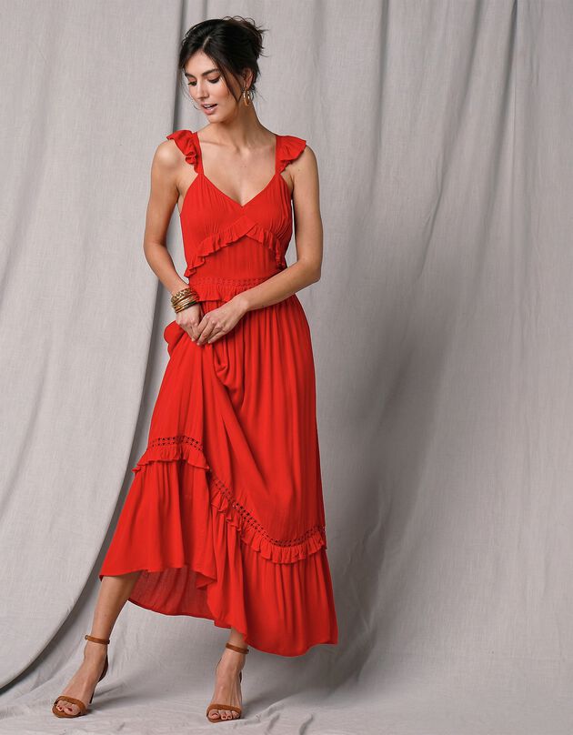 Robe longue crépon et macramé bretelles volantées (rouge) Robe longue crépon et macramé bretelles volantées (rouge)