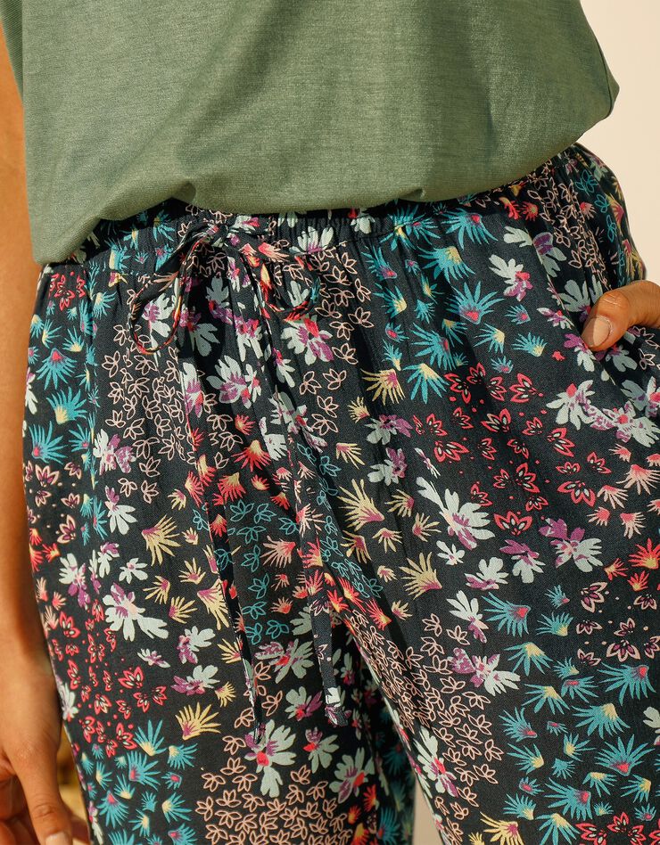 Pantalon crépon fluide imprimé fleuri (marine / turquoise)