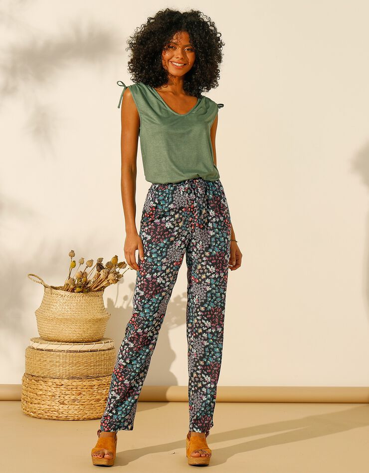 Pantalon crépon fluide imprimé fleuri (marine / turquoise) Pantalon crépon fluide imprimé fleuri (marine / turquoise)