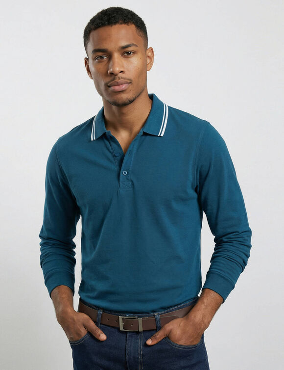 Polo uni maille piqu&eacute;e manches longues (bleu canard)