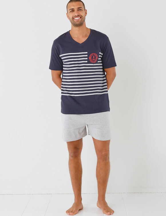 Pyjama short col V &agrave; message (marine / gris chin&eacute;)