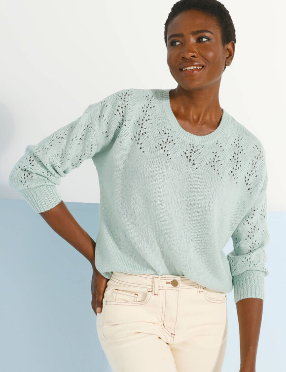 Pull manches blousantes, maille ajourée (vert d'eau)