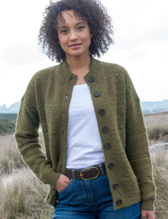 Cardigan boutonné maille poilue fantaisie (vert tilleul)