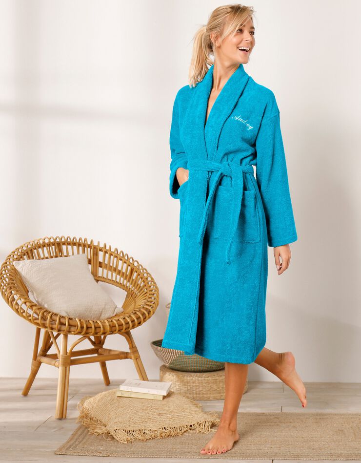 Peignoir mixte adulte éponge bouclette col châle personnalisable (turquoise) Peignoir mixte adulte éponge bouclette col châle personnalisable (turquoise)