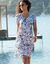 Robe col V courte imprimée, crépon (blanc / noir)