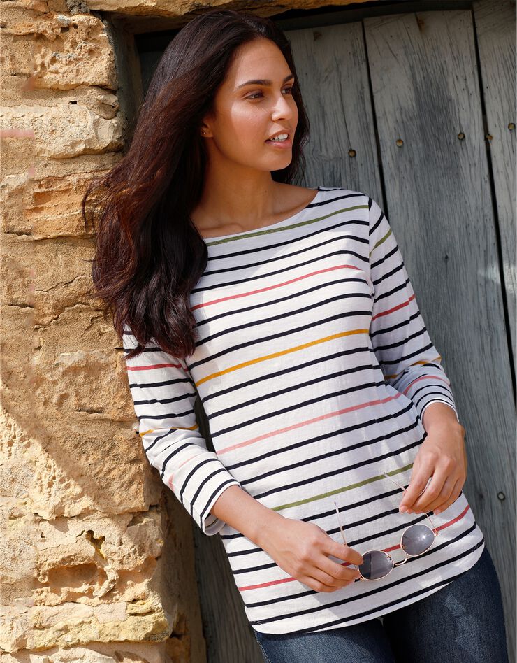 Tee-shirt marinière, manches 3/4 (blanc / multicolore) Tee-shirt marinière, manches 3/4 (blanc / multicolore)