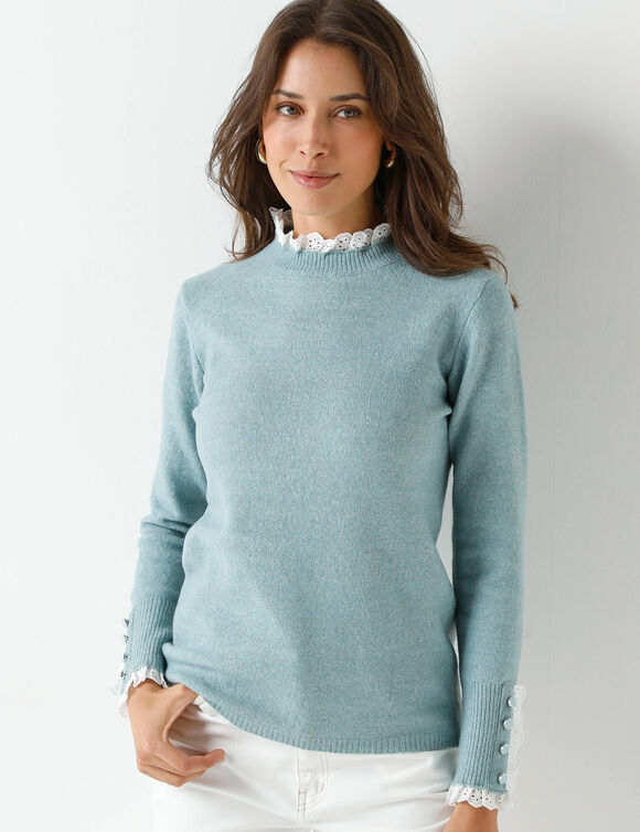 Pull effet 2-en-1, d&eacute;tails broderie anglaise (bleu acier)