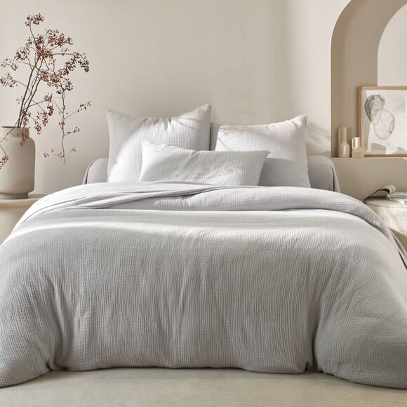 Linge de lit uni en triple gaze de coton (gris perle)