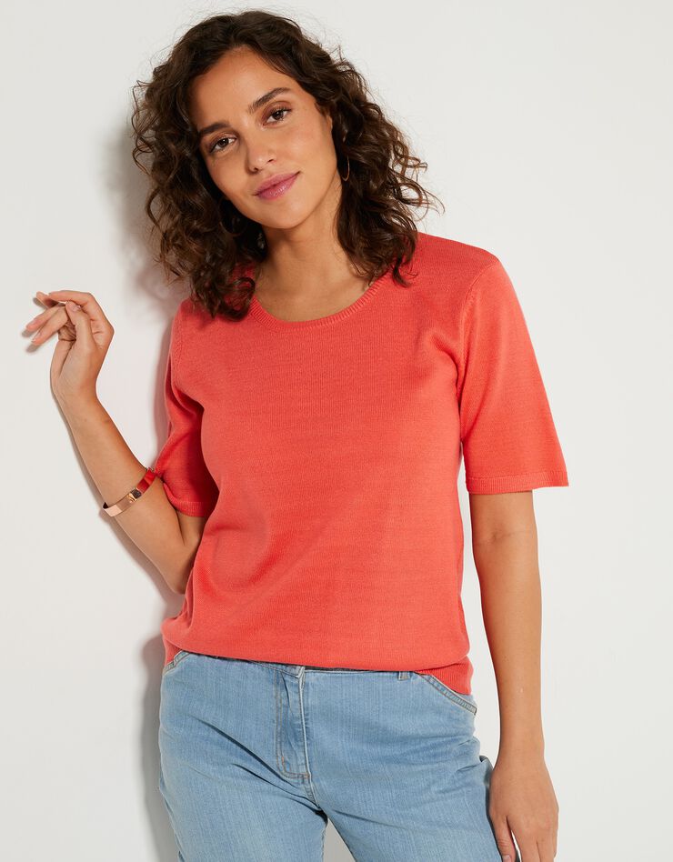 Pull uni manches courtes toucher cachemire (corail) Pull uni manches courtes toucher cachemire (corail)