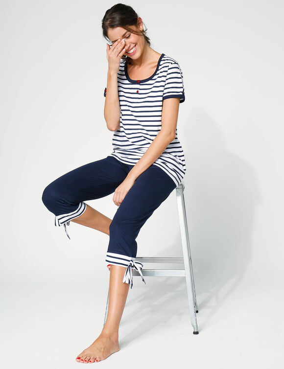 Pyjama pantacourt coton manches courtes (marine / blanc)
