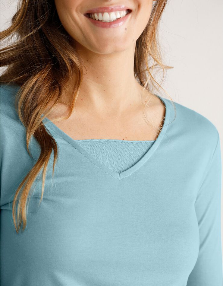 Tee-shirt col plumetis manches longues (bleu grisé) Tee-shirt col plumetis manches longues (bleu grisé)