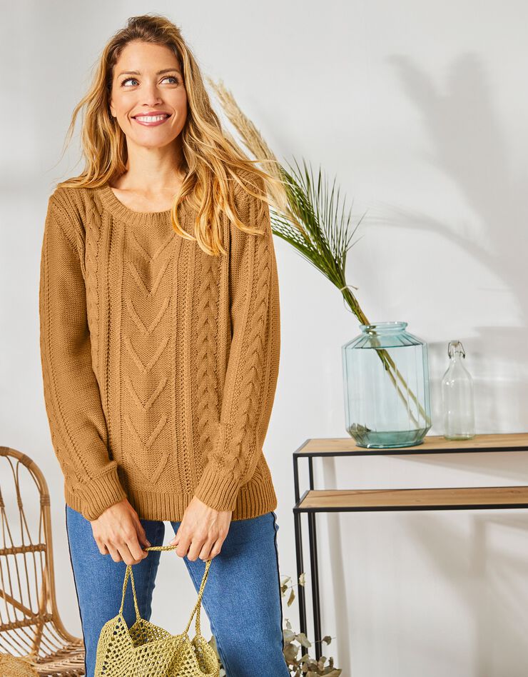 Pull femme col rond torsadé toucher cachemire, manches longues (curry) Pull femme col rond torsadé toucher cachemire, manches longues (curry)