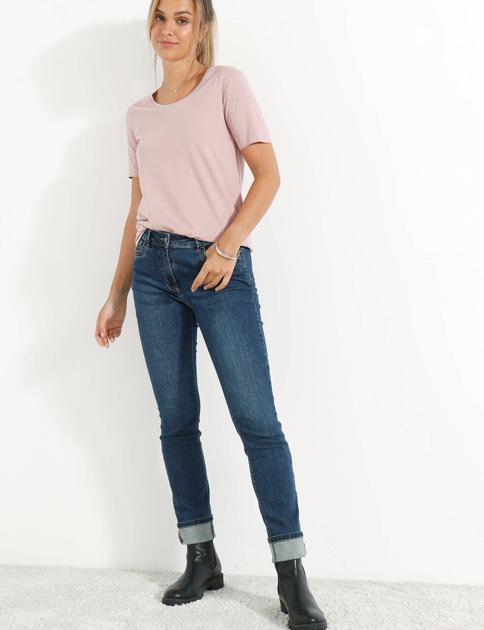 T-shirt Décontracté Taille Pour Femmes, T-shirt Uni À Manches Courtes Et Col Rond Très Extensible G 601099521100253