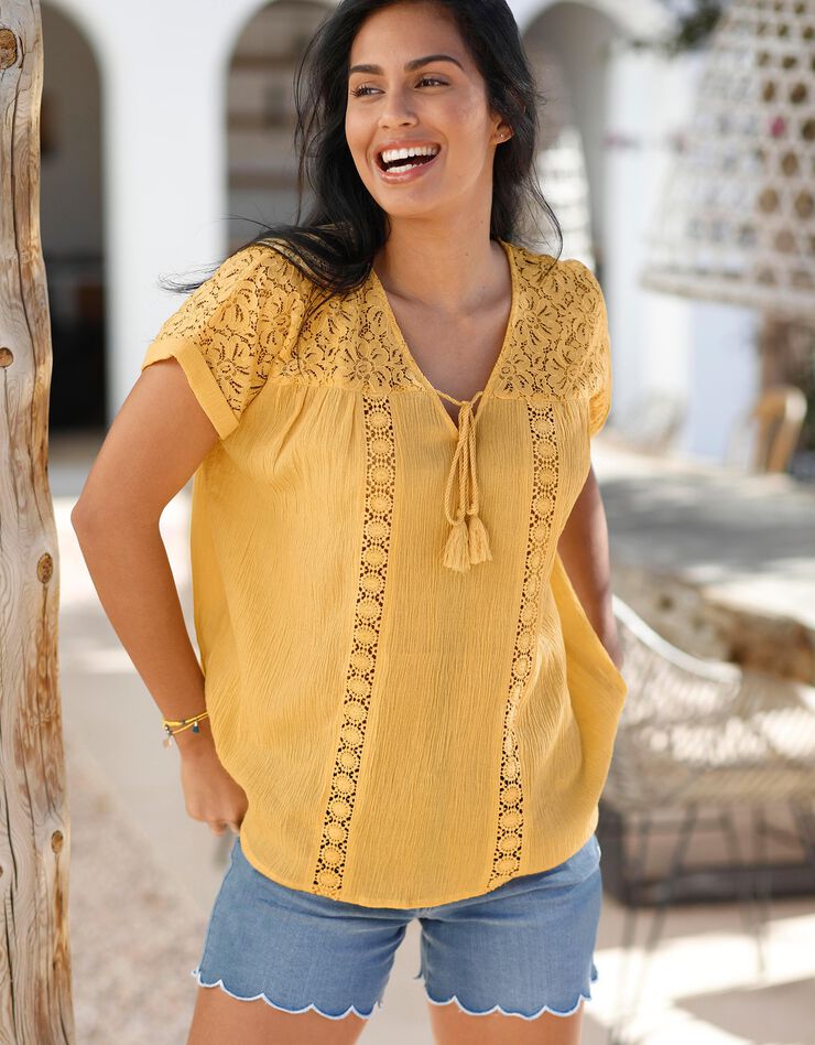Tunique macramé crépon coton (curry) Tunique macramé crépon coton (curry)