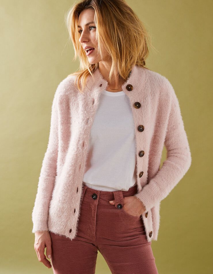 Cardigan boutonné maille poilue fantaisie (rose poudré)
