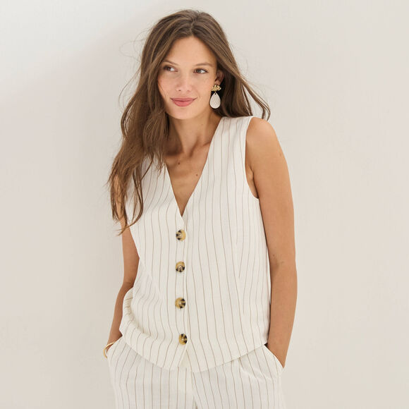 Veste style cafetier sans manches ray&eacute;e, viscose-lin (blanc cass&eacute;)