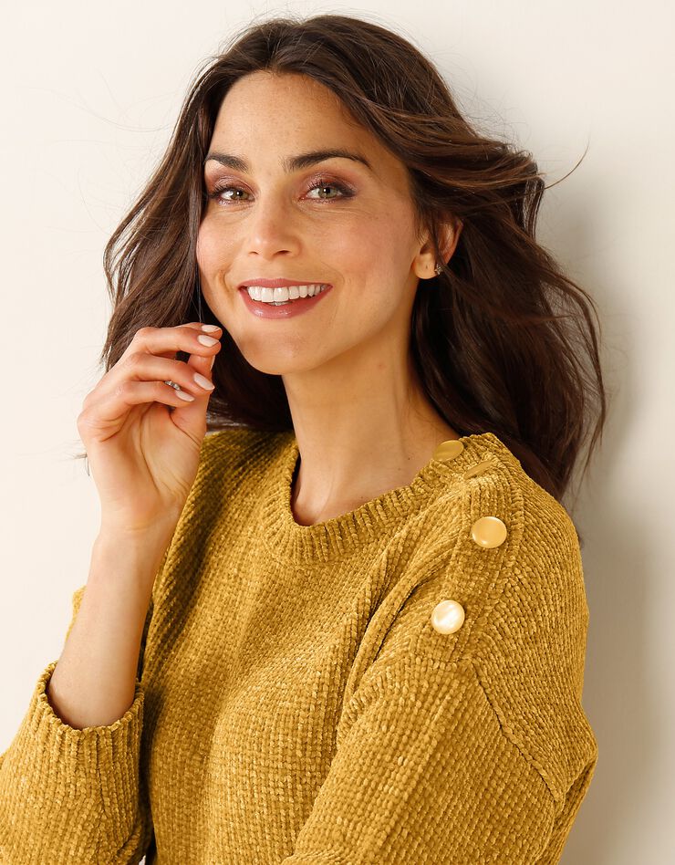 Pull épaule boutonnée, maille chenille (miel) Pull épaule boutonnée, maille chenille (miel)