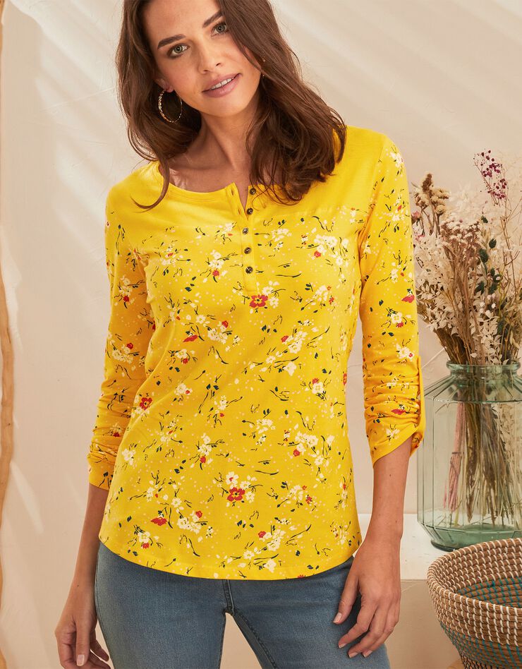 Tee-shirt col tunisien manches longues imprimé fleuri (safran) Tee-shirt col tunisien manches longues imprimé fleuri (safran)