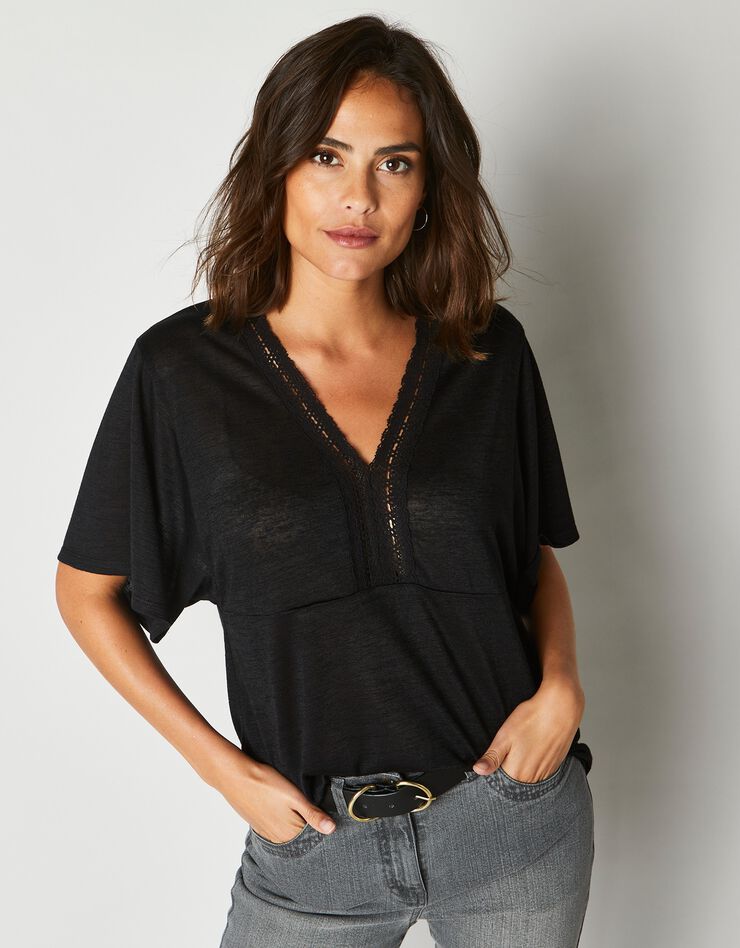 Tee-shirt col V macramé, effet lin (noir) Tee-shirt col V macramé, effet lin (noir)